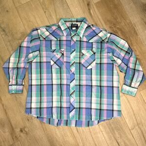 Vtg Wrangler Cowboy Cut X-Long Tails Pearl Snap Striped USA Made Sz 16 X 35